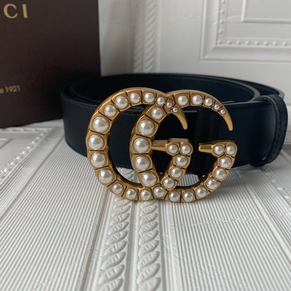 Leather belt with pearl GG buckle main image 5